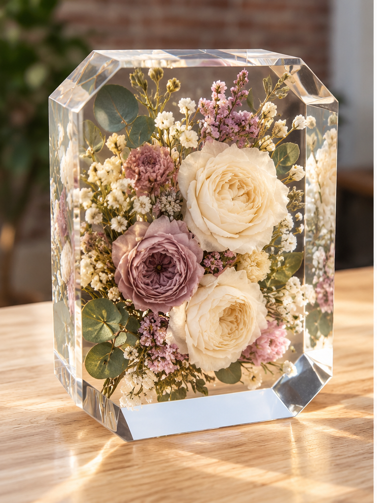 Emerald-cut resin block standing upright with preserved cream and mauve roses, baby's breath and greenery