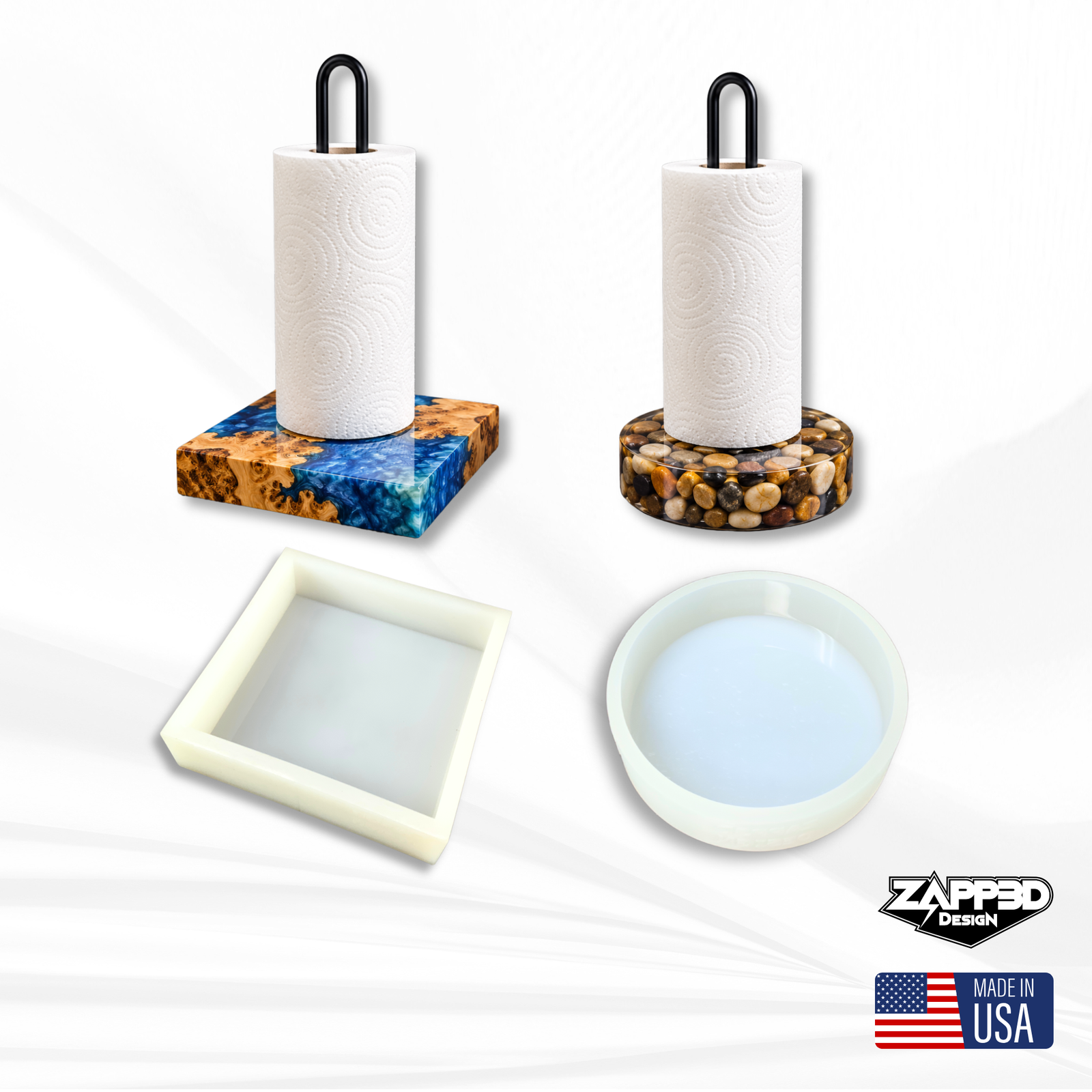 Paper towel holder silicone molds - finished round and square resin holders with hardware
