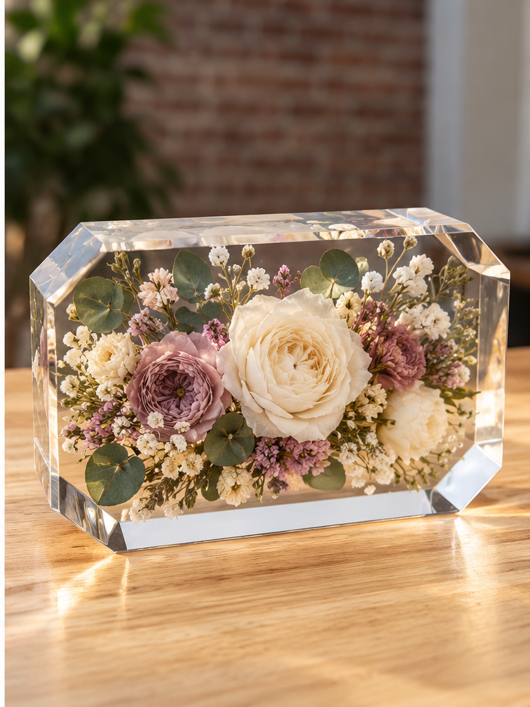 Emerald-cut resin block lying horizontally with preserved cream and mauve roses and greenery